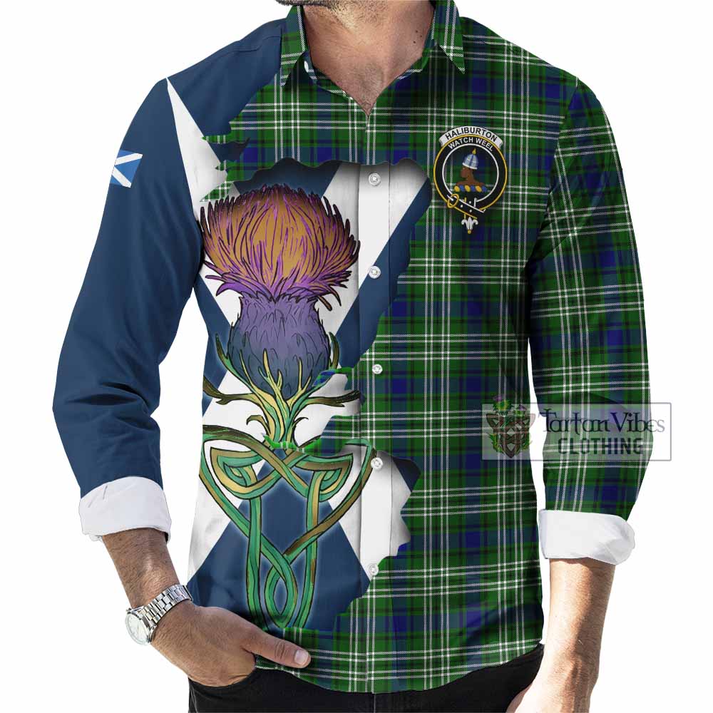 Tartan Vibes Clothing Haliburton Tartan Family Crest Long Sleeve Button Shirt Scottish Thistle Celtic Inspired