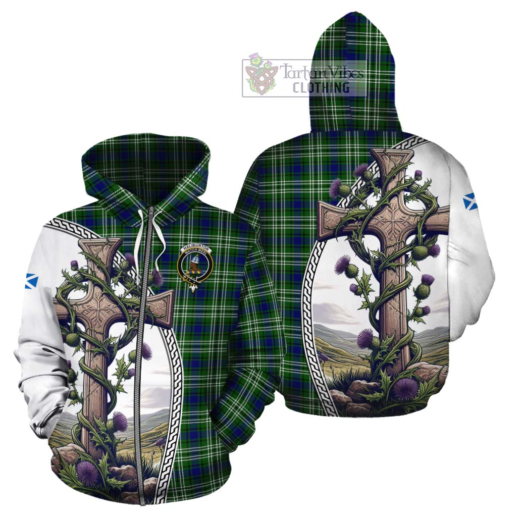 Tartan Vibes Clothing Haliburton Tartan Cotton Hoodie with Family Crest and St. Andrew's Cross Accented by Thistle Vines