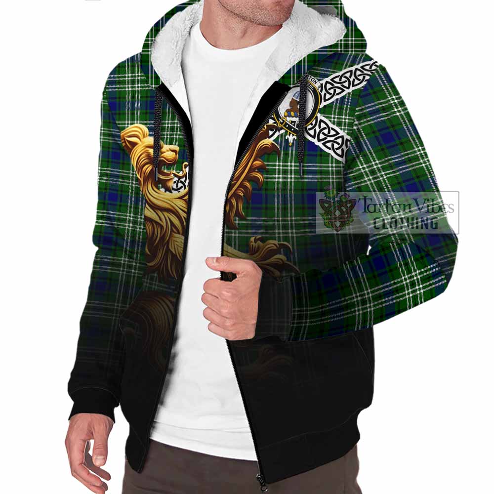 Haliburton Crest Tartan Sherpa Hoodie with Golden Lion Emblem Celtic Style - Tartan Vibes Clothing