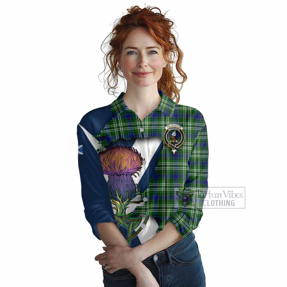 Haliburton Tartan Family Crest Women's Casual Shirt Scottish Thistle Celtic Inspired - Tartan Vibes Clothing
