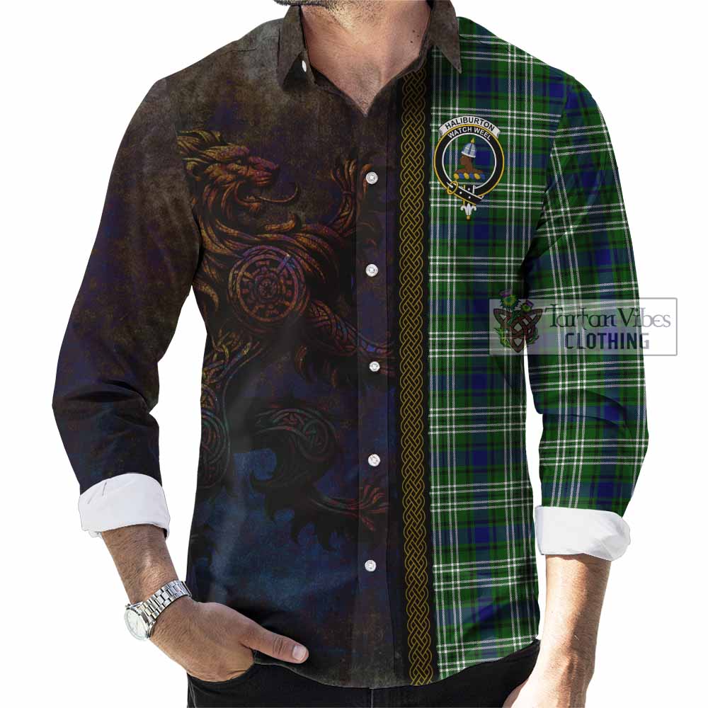 Tartan Vibes Clothing Haliburton Tartan Family Crest Long Sleeve Button Shirt Alba Gu Brath Be Brave Lion Ancient Style