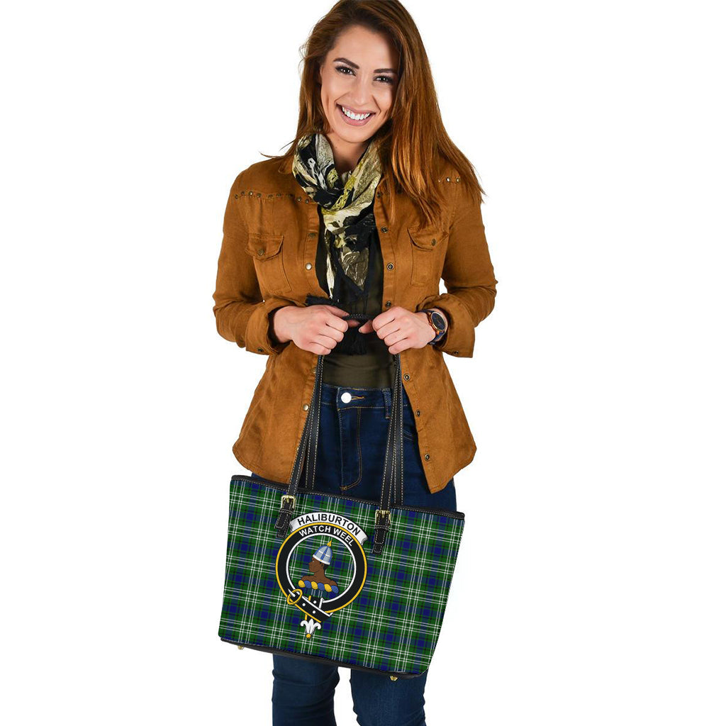Haliburton Tartan Leather Tote Bag with Family Crest - Tartan Vibes Clothing