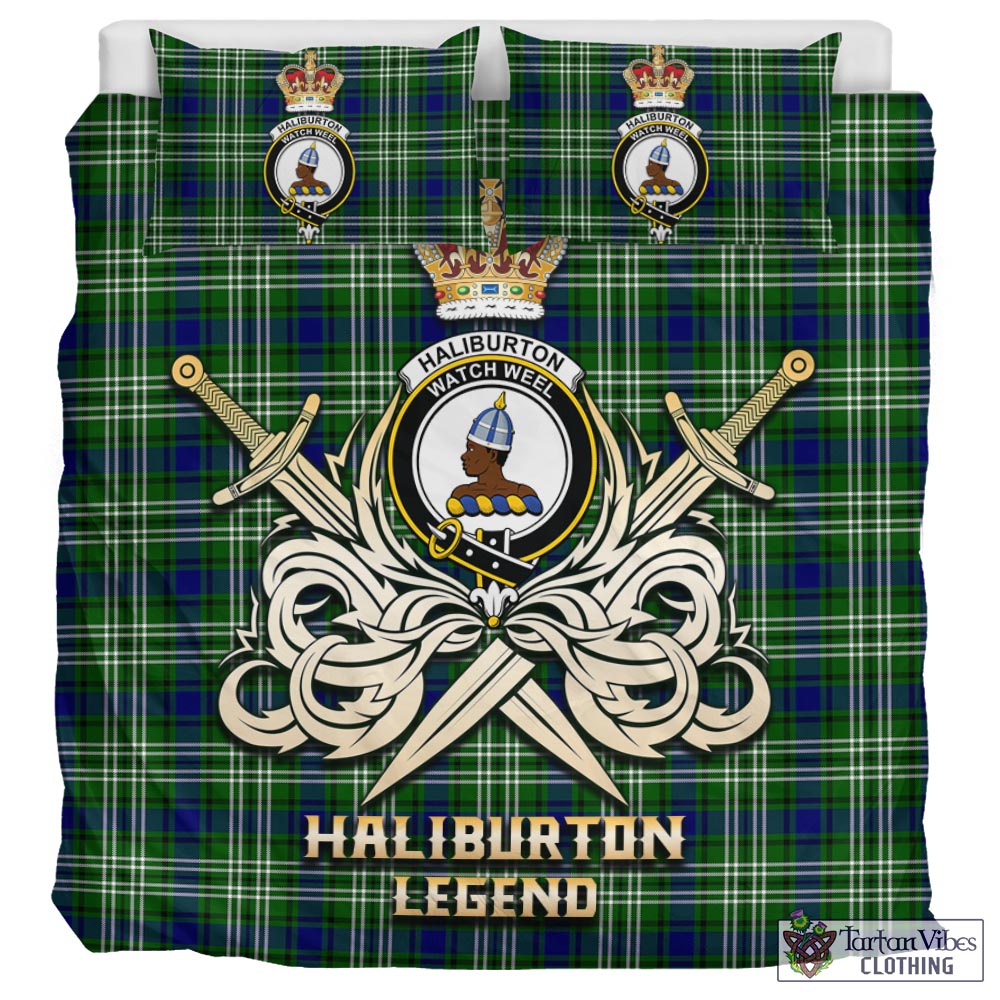 Tartan Vibes Clothing Haliburton Tartan Bedding Set with Clan Crest and the Golden Sword of Courageous Legacy