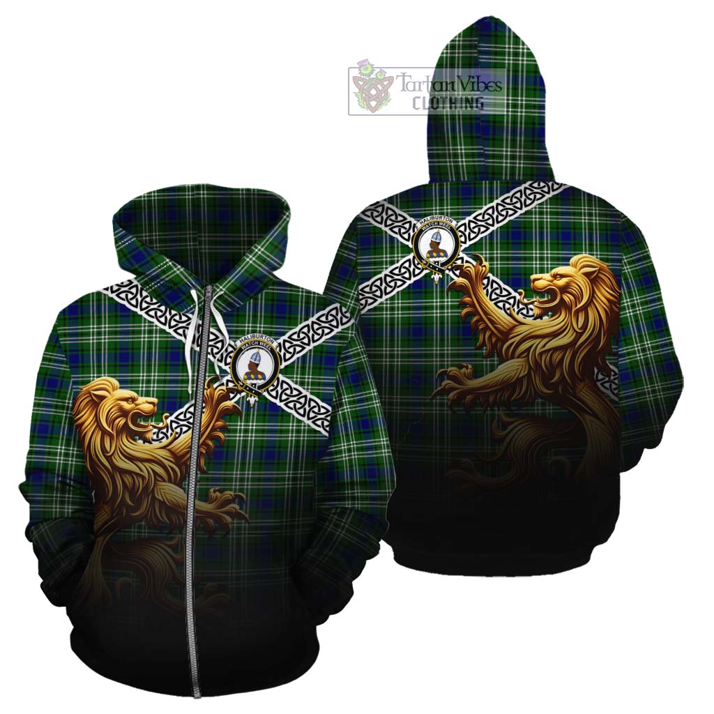 Haliburton Crest Tartan Cotton Hoodie with Golden Lion Emblem Celtic Style Zip Hoodie - Tartan Vibes Clothing