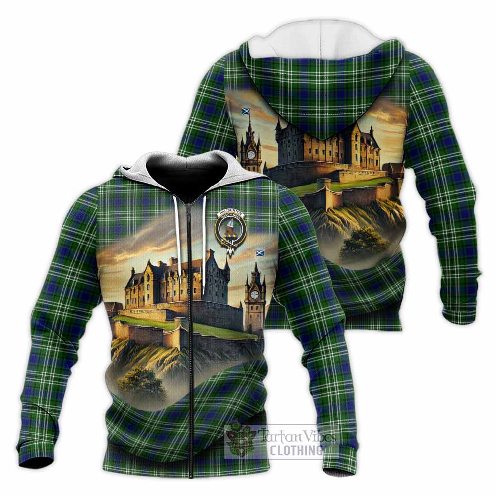 Haliburton Tartan Family Crest Knitted Hoodie with Scottish Ancient Castle Style Unisex Knitted Zip Hoodie - Tartan Vibes Clothing