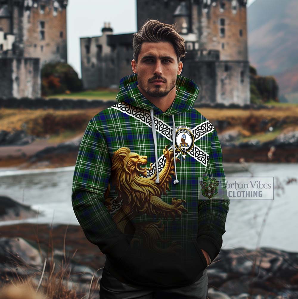 Haliburton Crest Tartan Cotton Hoodie with Golden Lion Emblem Celtic Style - Tartan Vibes Clothing