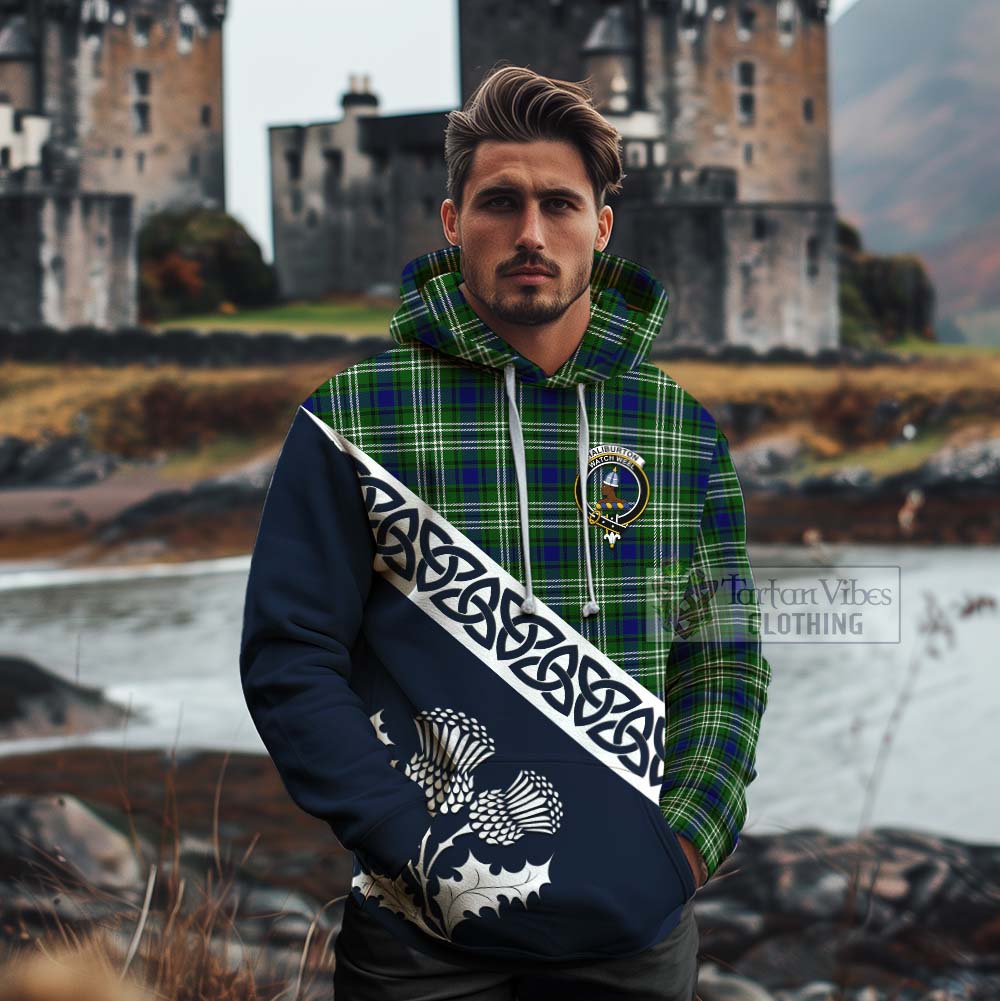 Haliburton Tartan Cotton Hoodie Featuring Thistle and Scotland Map - Tartan Vibes Clothing