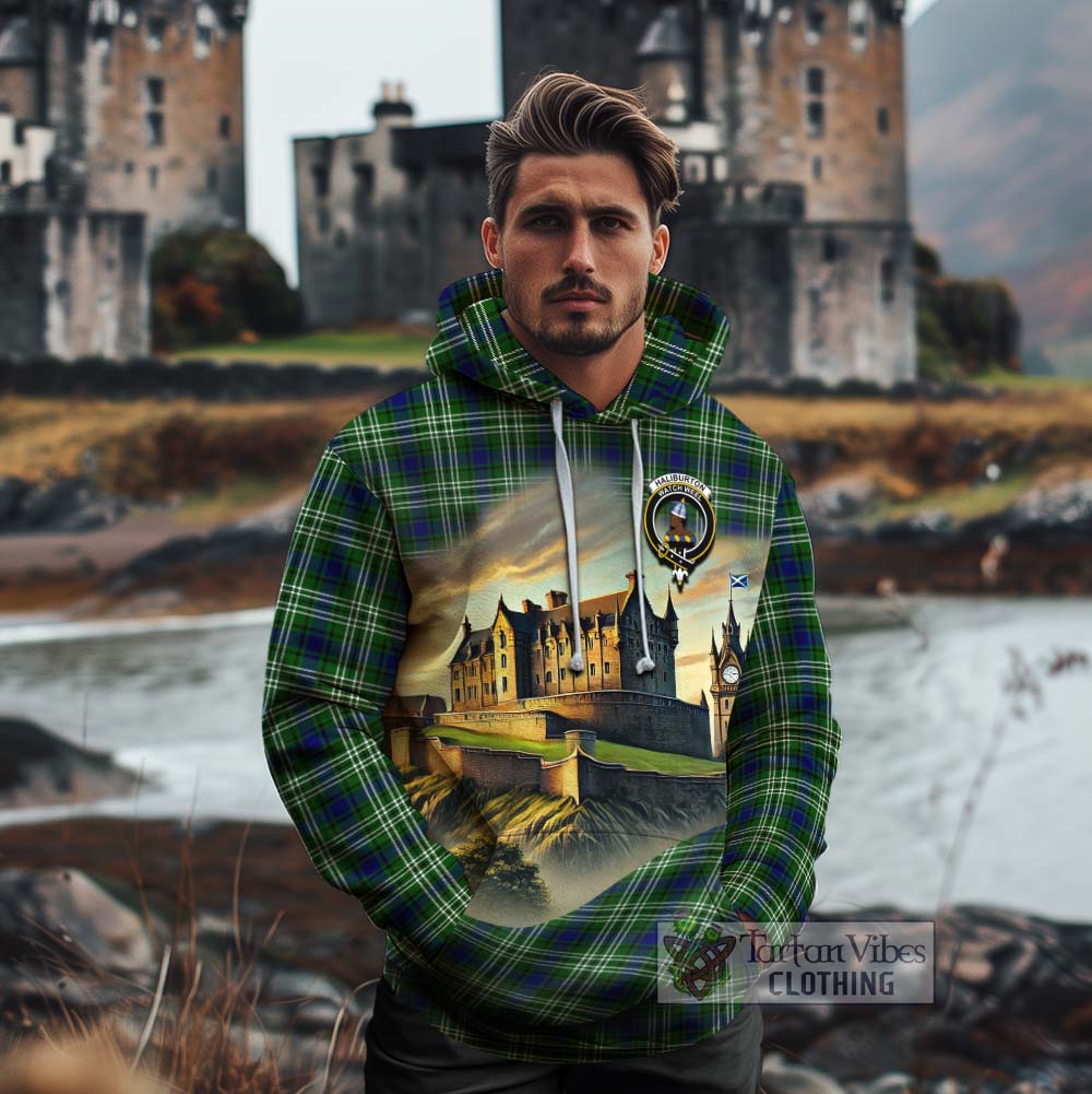 Haliburton Tartan Family Crest Cotton Hoodie with Scottish Ancient Castle Style - Tartan Vibes Clothing