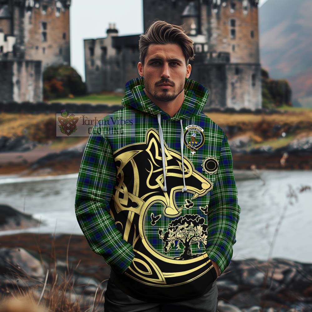 Haliburton Tartan Cotton Hoodie with Family Crest Celtic Wolf Style - Tartan Vibes Clothing