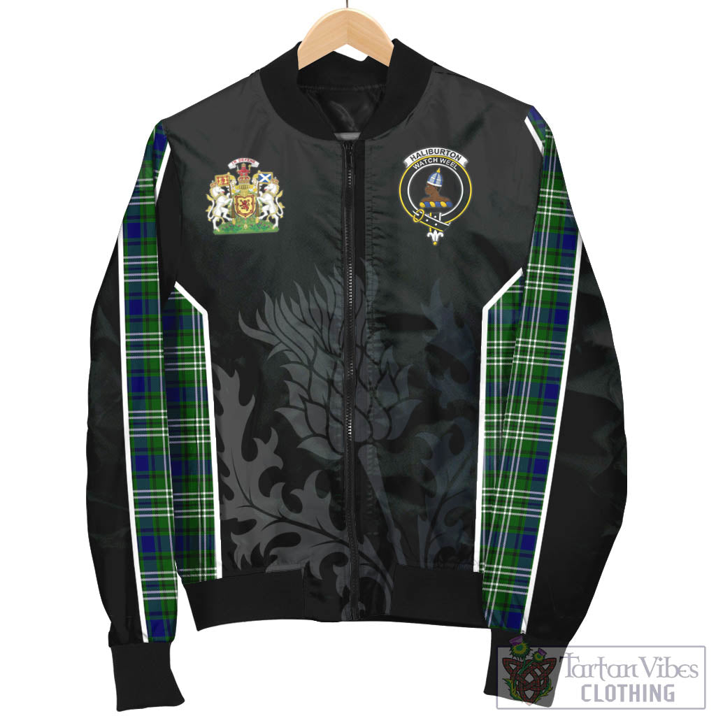 Haliburton Tartan Bomber Jacket with Family Crest and Scottish Thistle Vibes Sport Style - Tartan Vibes Clothing