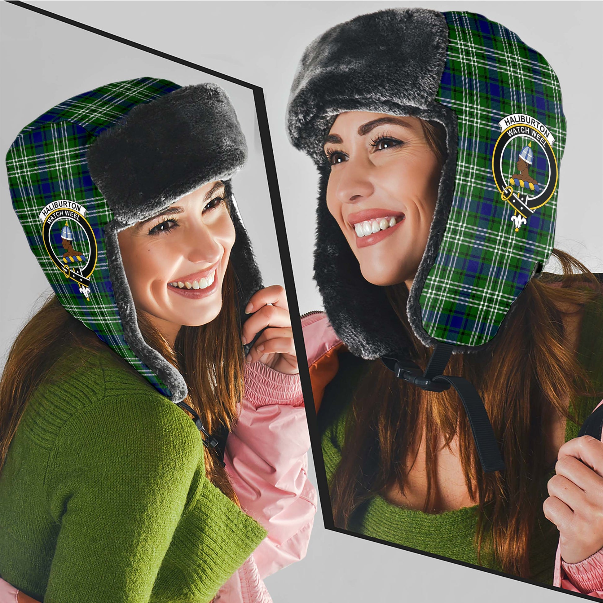 Haliburton Tartan Winter Trapper Hat with Family Crest - Tartan Vibes Clothing