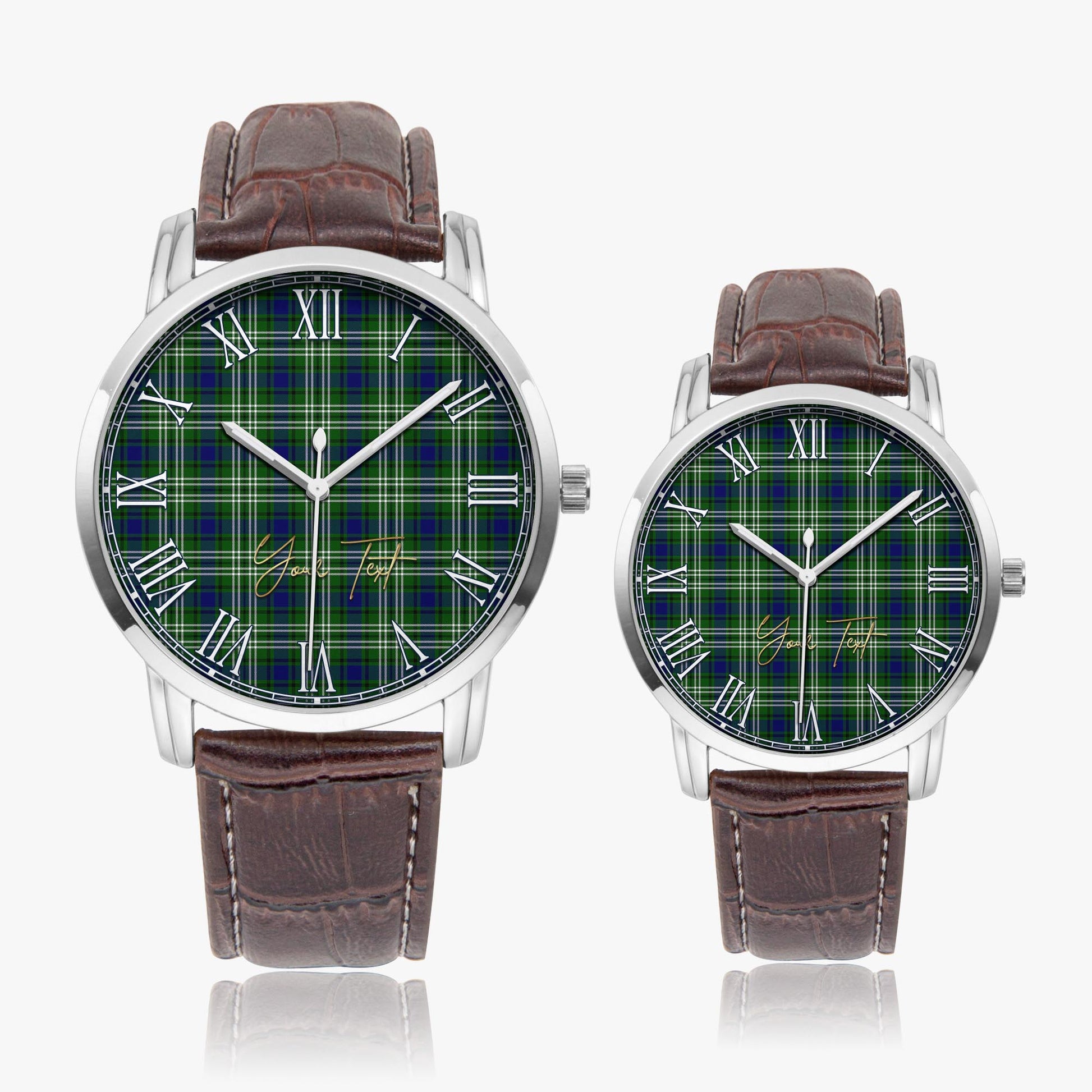 Haliburton Tartan Personalized Your Text Leather Trap Quartz Watch Wide Type Silver Case With Brown Leather Strap - Tartanvibesclothing