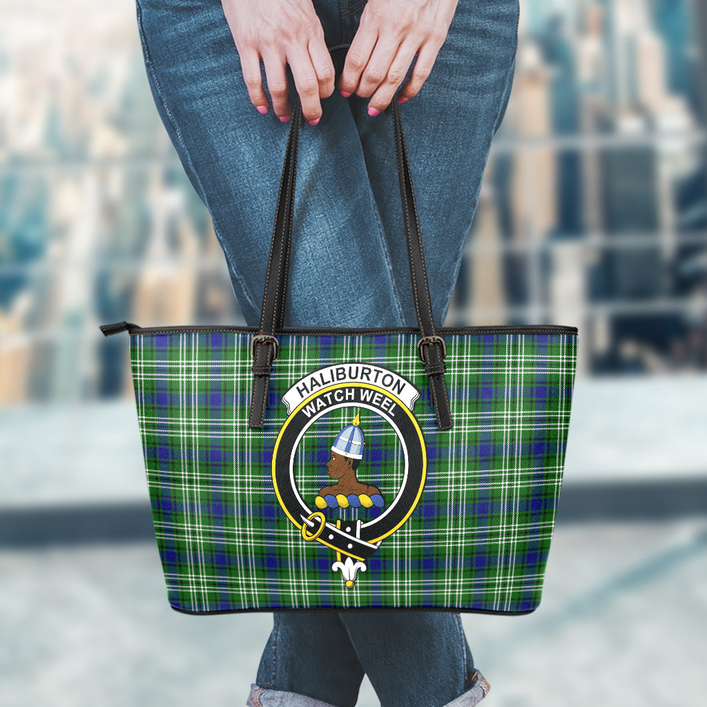 Haliburton Tartan Leather Tote Bag with Family Crest - Tartan Vibes Clothing