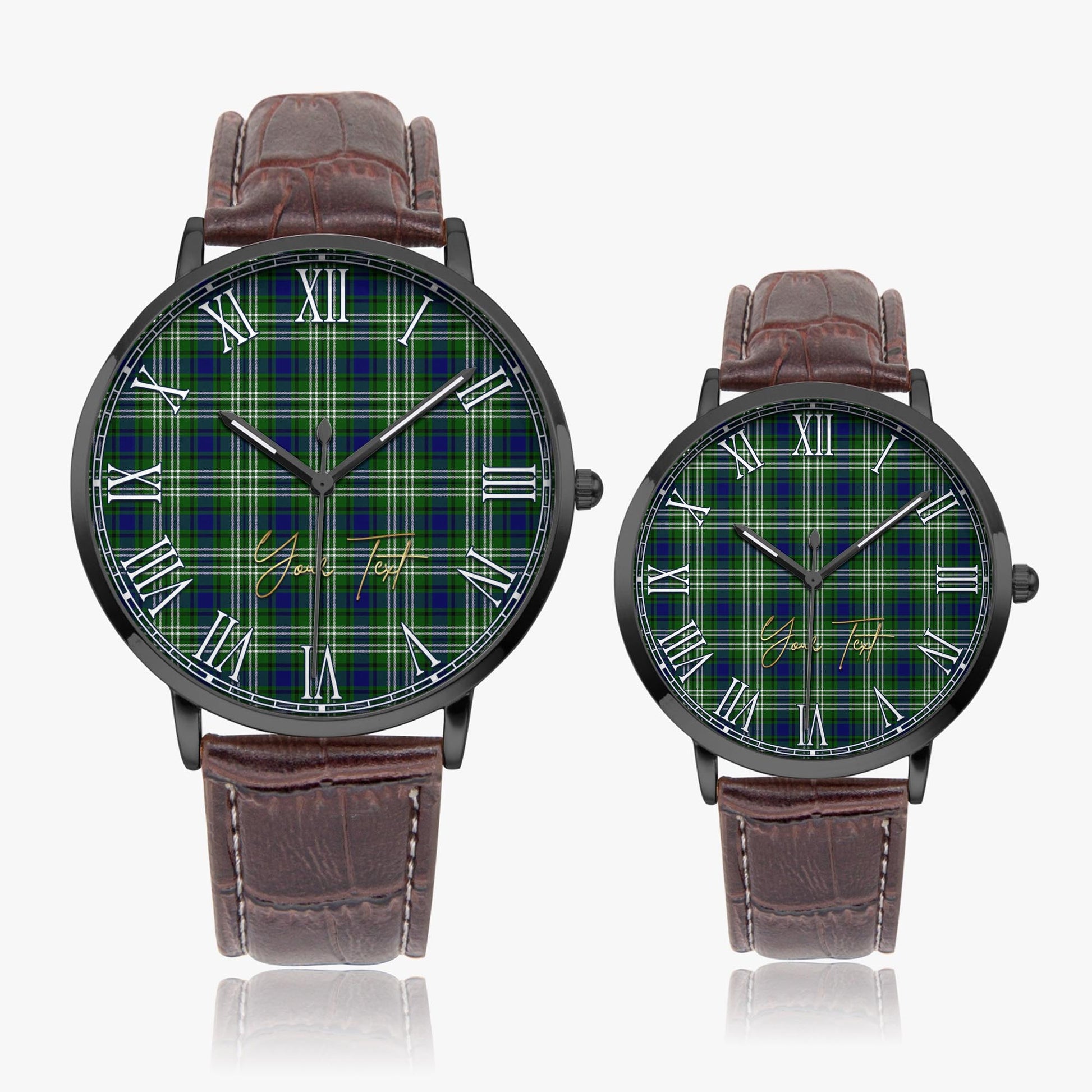 Haliburton Tartan Personalized Your Text Leather Trap Quartz Watch Ultra Thin Black Case With Brown Leather Strap - Tartanvibesclothing