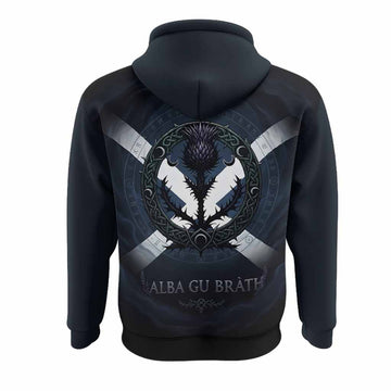 Haliburton Clan Crest Hoodie with Celtic Knot Thistle and Saltire