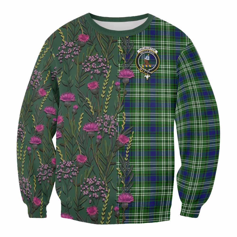 Haliburton Family Crest Tartan Sweatshirt Scottish Thistle Flower Pattern Half Style - Tartan Vibes Clothing