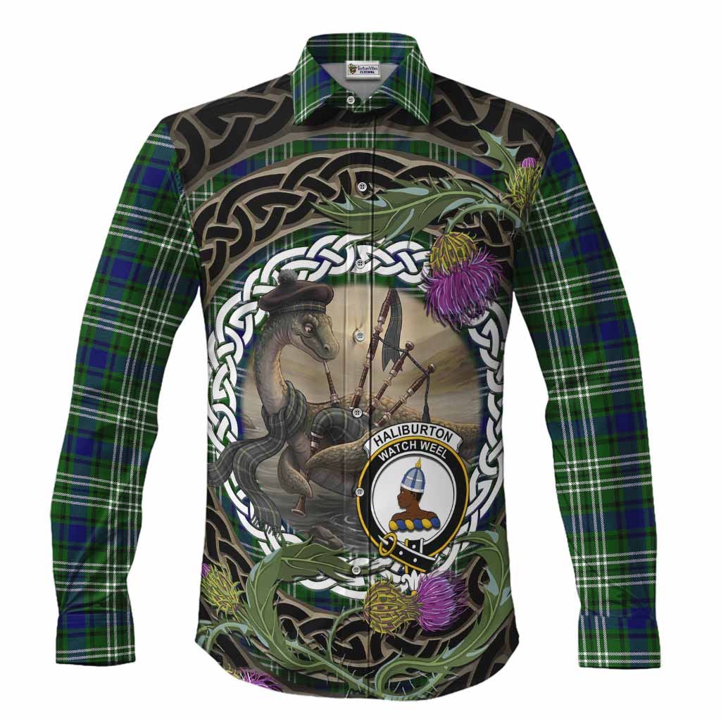 Haliburton Tartan Crest Bagpipe Nessie Long Sleeve Button Shirts Scottish Loch Ness Monster Celtic Thistle