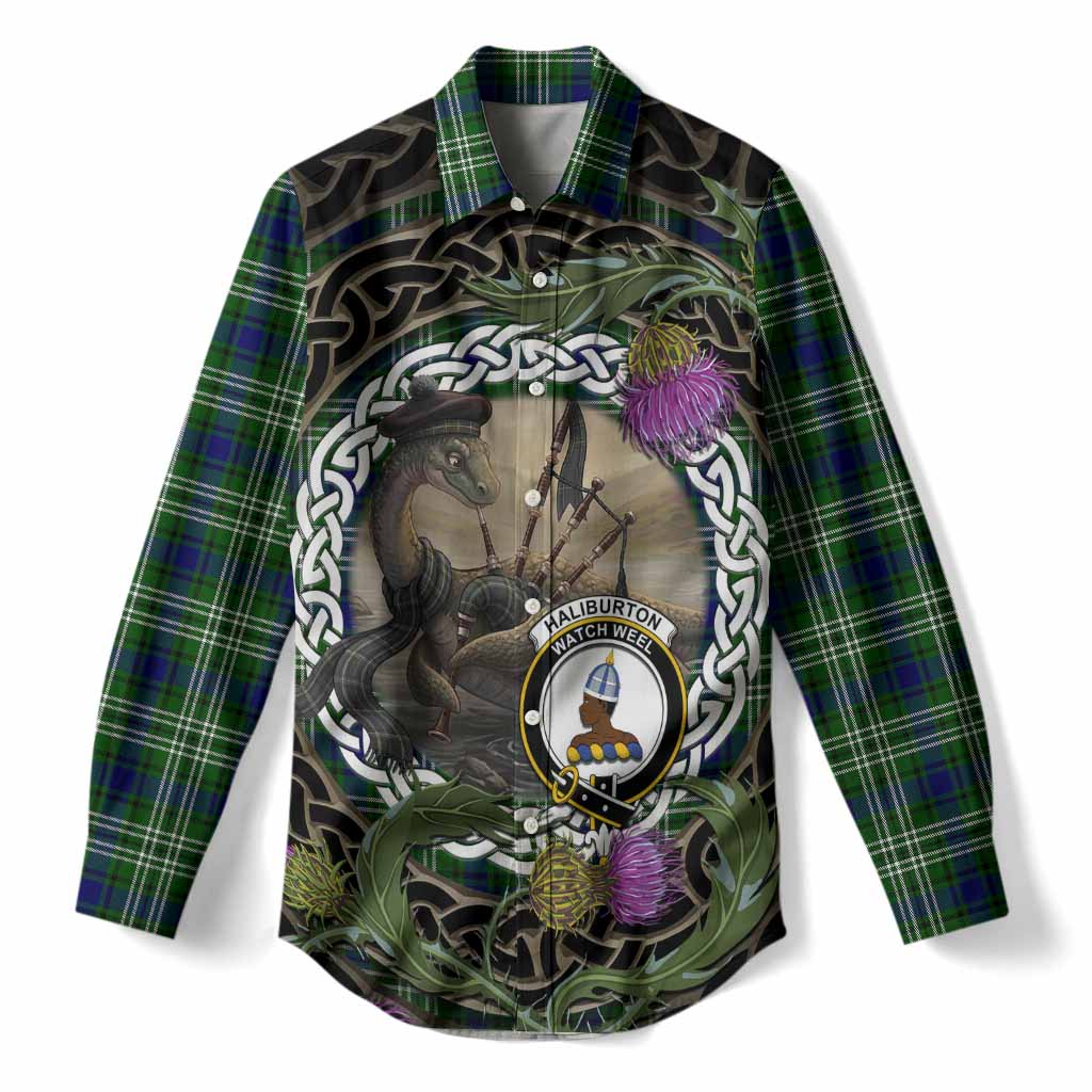 Haliburton Tartan Crest Bagpipe Nessie Women Casual Shirt Scottish Loch Ness Monster Celtic Thistle