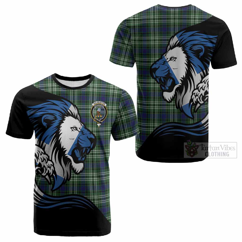 Haliburton Tartan Crest Cotton T-shirt Scottish Golden Lions Wave Flow