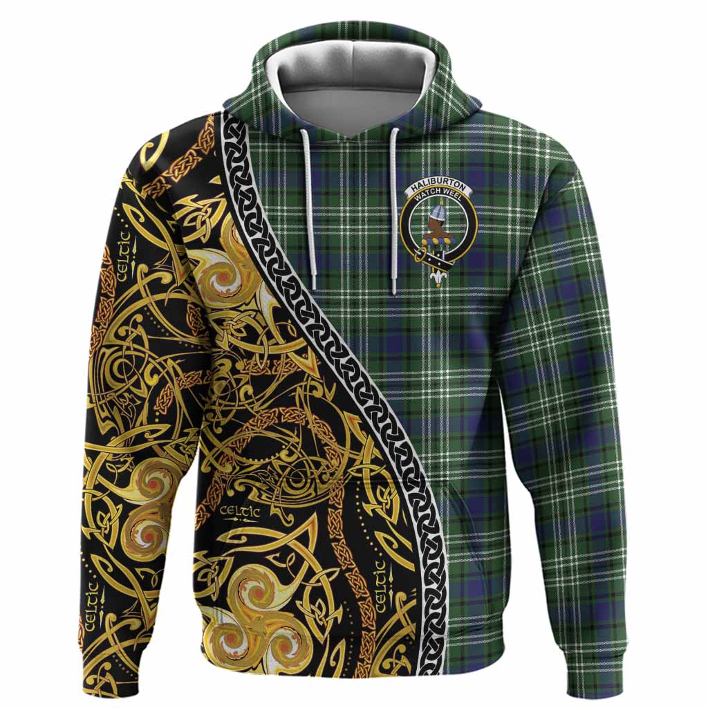 Haliburton Tartan Crest Hoodie Celtic Knot and Triple Trickle Spiral Symbols