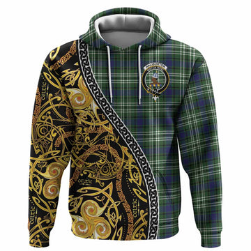Haliburton Tartan Crest Hoodie Celtic Knot and Triple Trickle Spiral Symbols