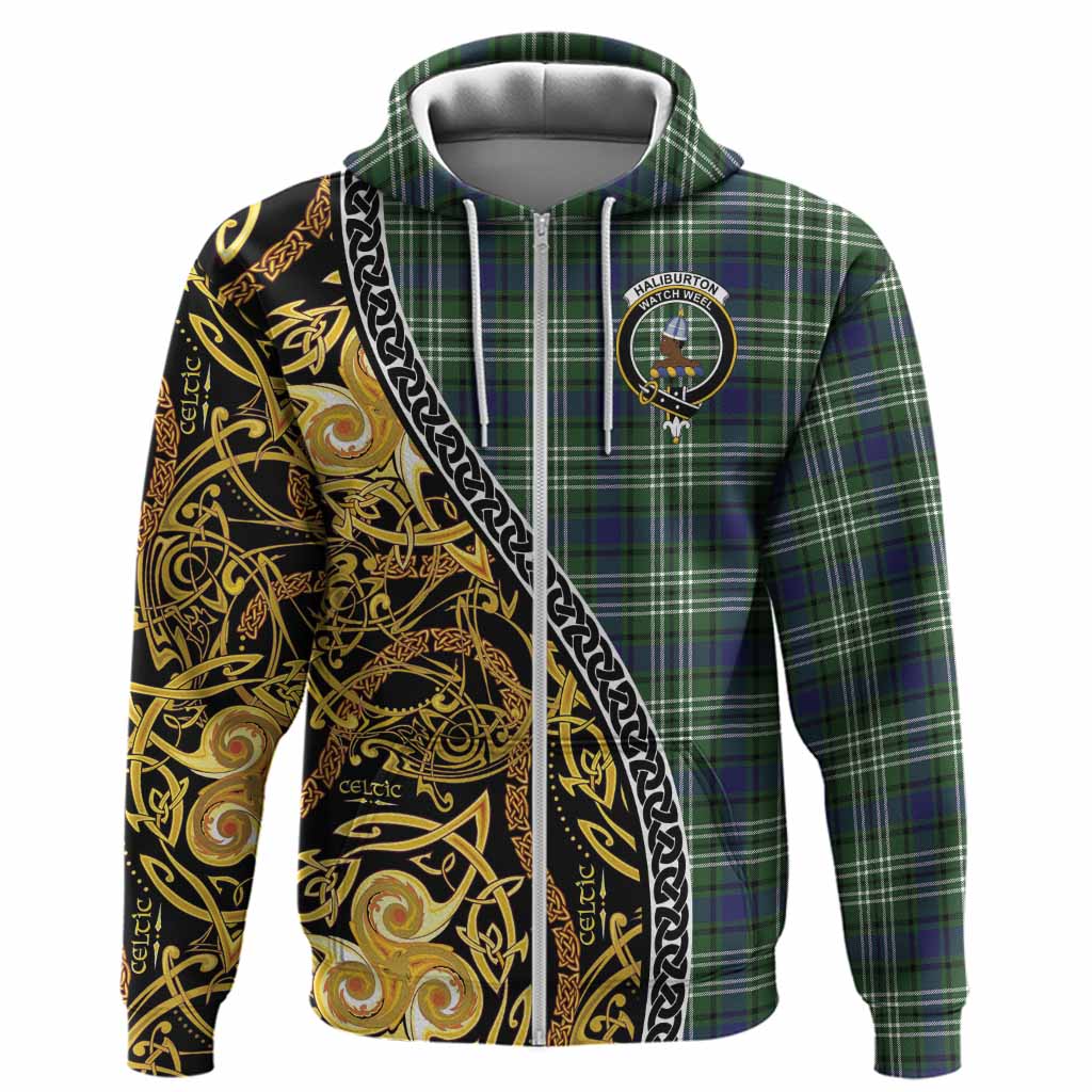 Haliburton Tartan Crest Hoodie Celtic Knot and Triple Trickle Spiral Symbols