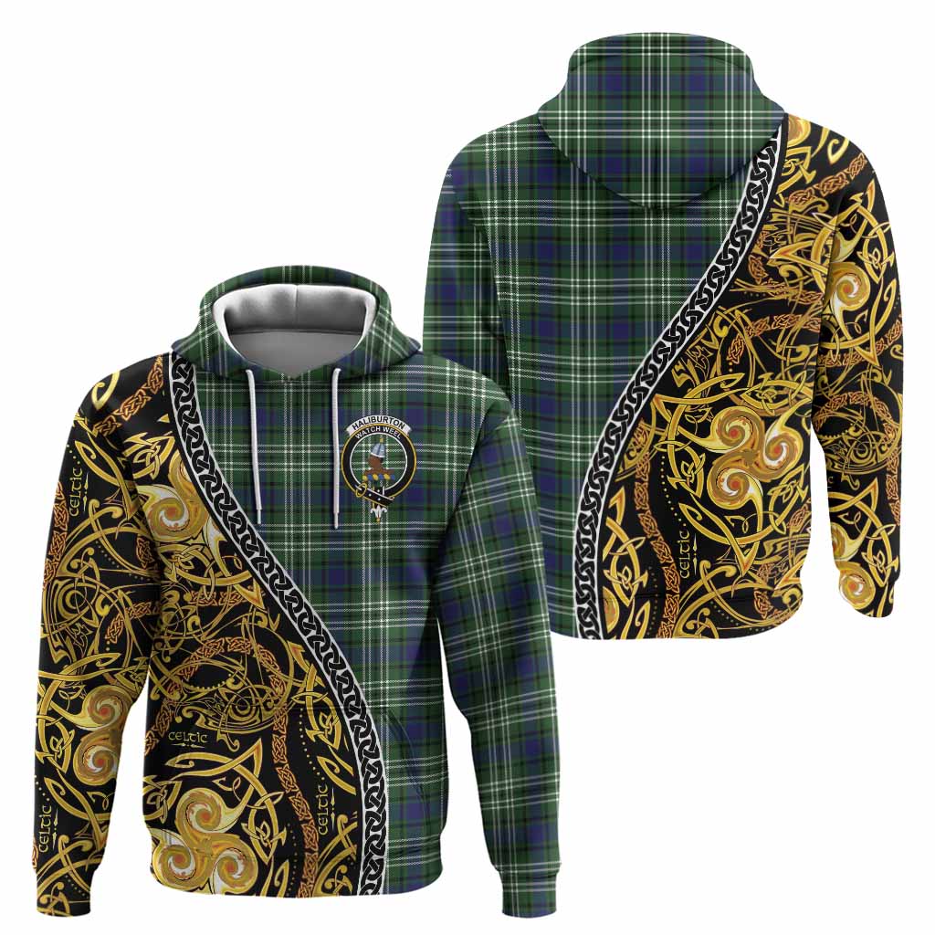 Haliburton Tartan Crest Hoodie Celtic Knot and Triple Trickle Spiral Symbols