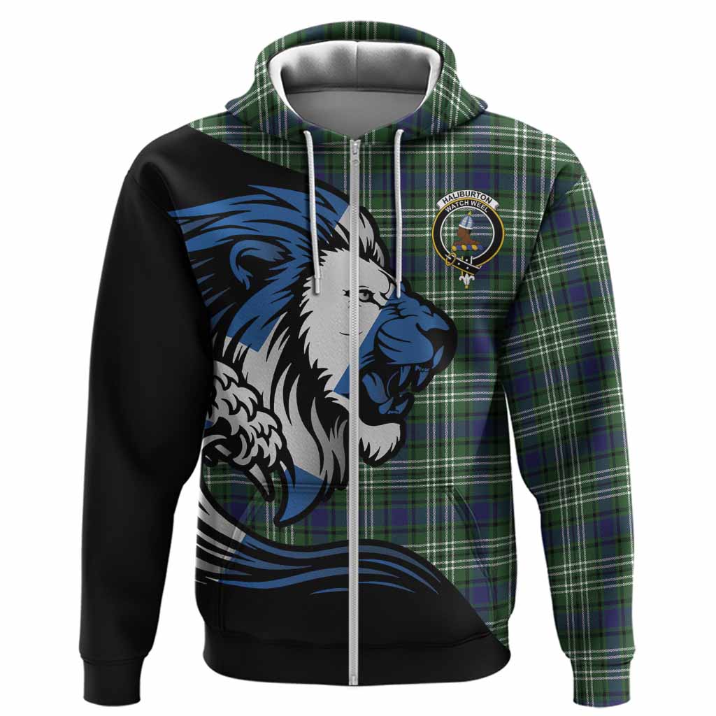 Haliburton Tartan Crest Hoodie Scottish Golden Lions Wave Flow