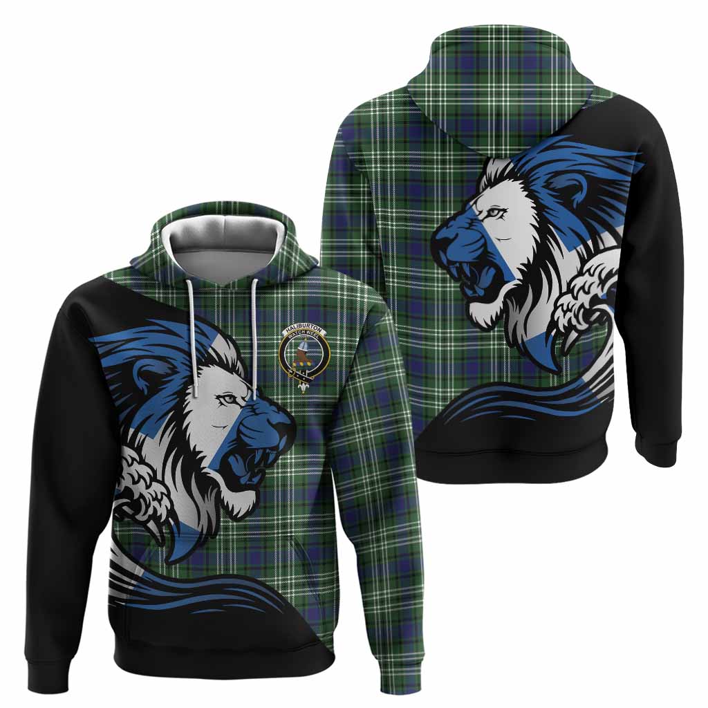 Haliburton Tartan Crest Hoodie Scottish Golden Lions Wave Flow
