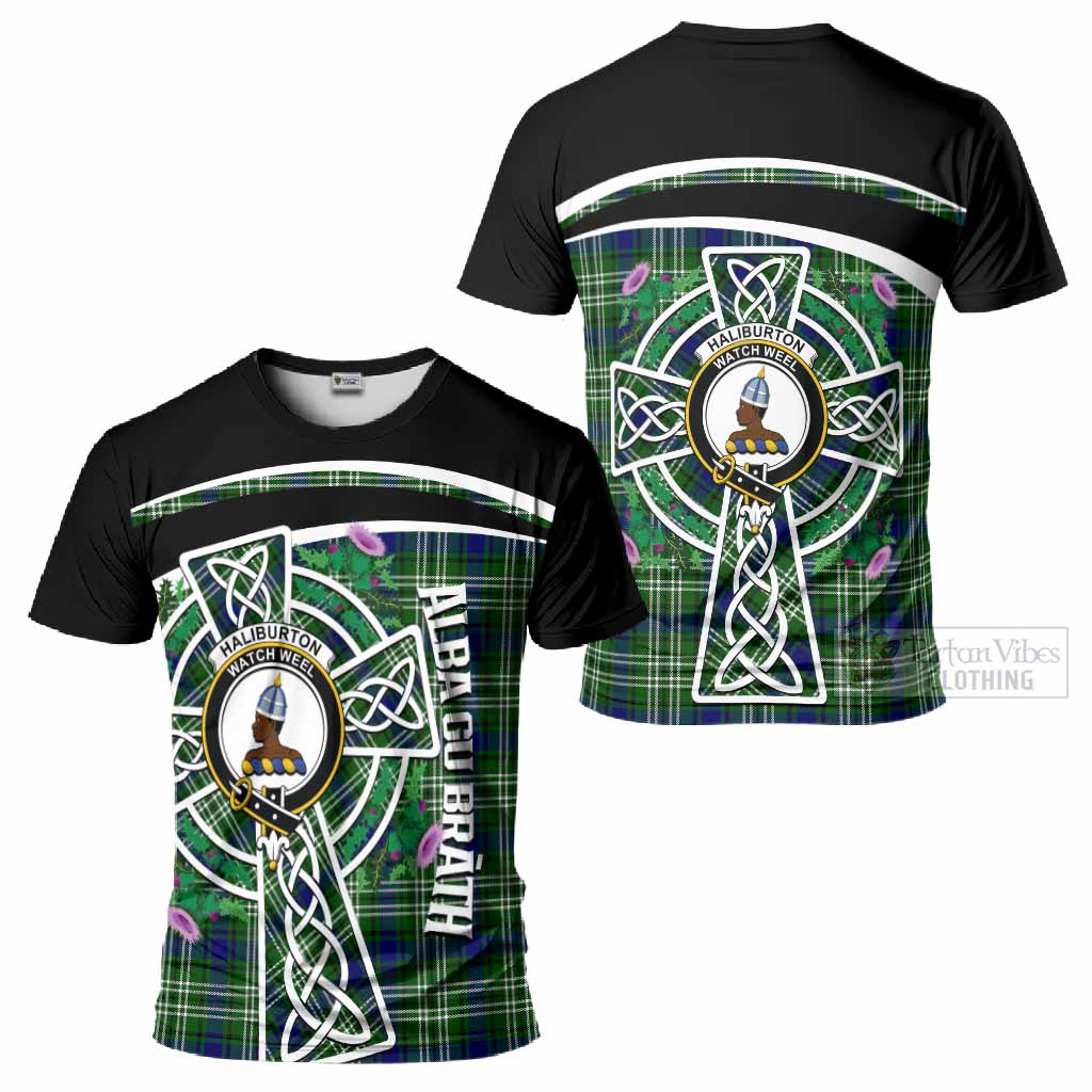 Haliburton Tartan Crest T-Shirt Scottish Thistle Celtic Cross Alba Gu Brath
