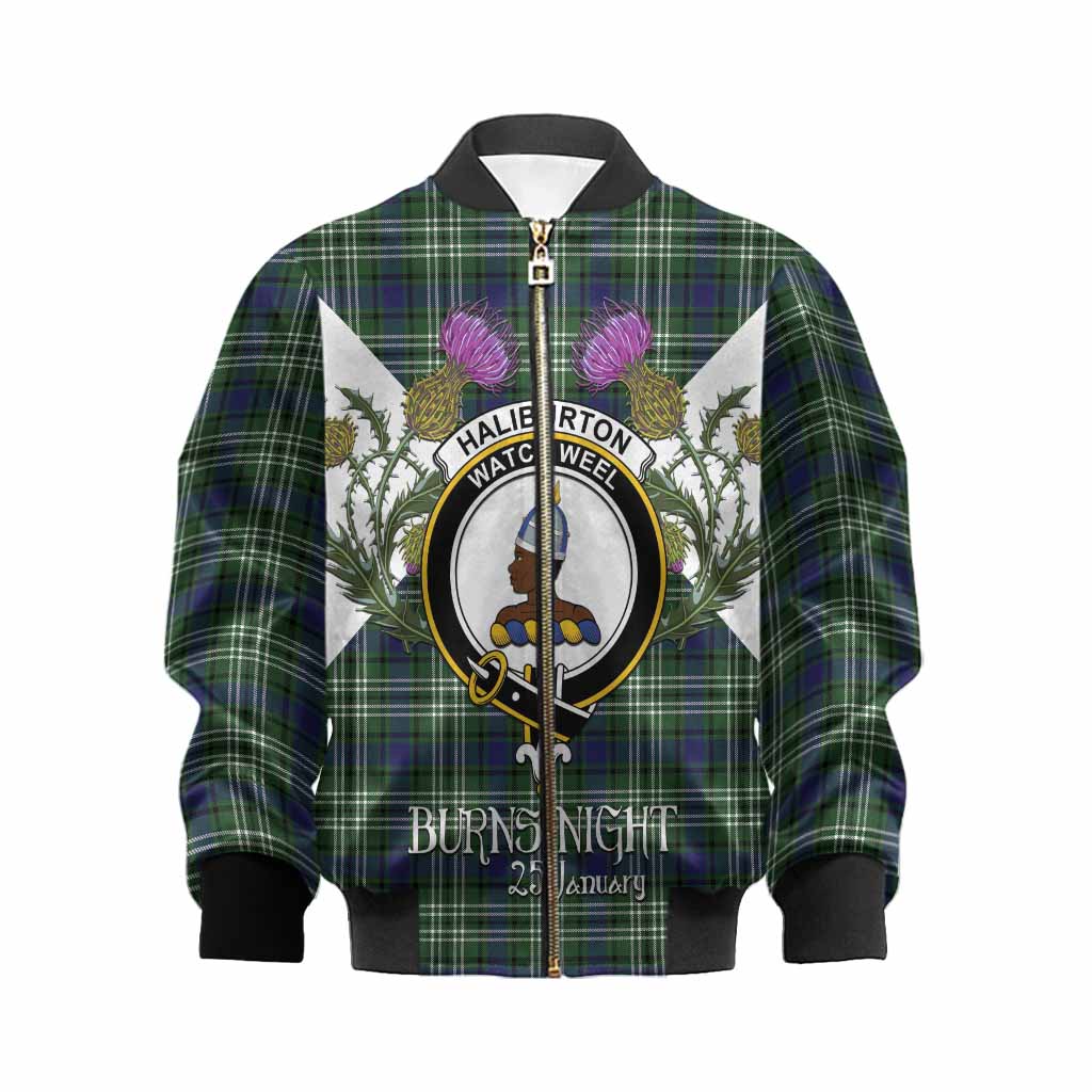 Haliburton Tartan Family Crest Kid Bomber Jacket Scottish Burns Night Thistle Floral