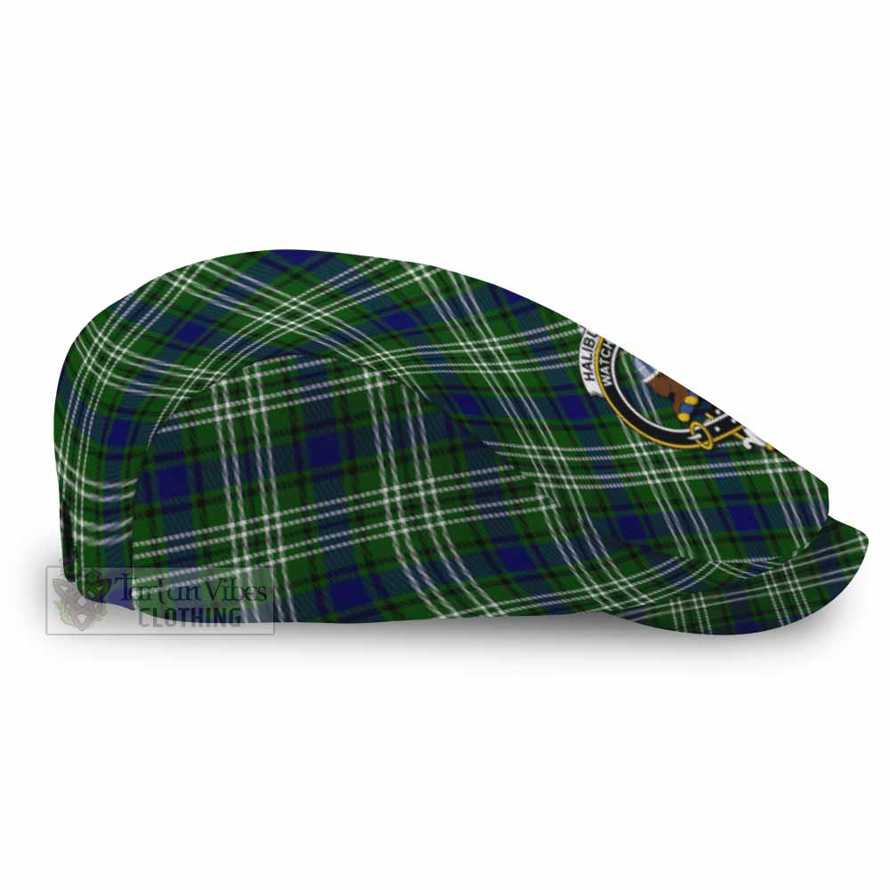 Haliburton Tartan Flat Cap, Jeff Cap Cross Style with Family Crest - Tartan Vibes Clothing