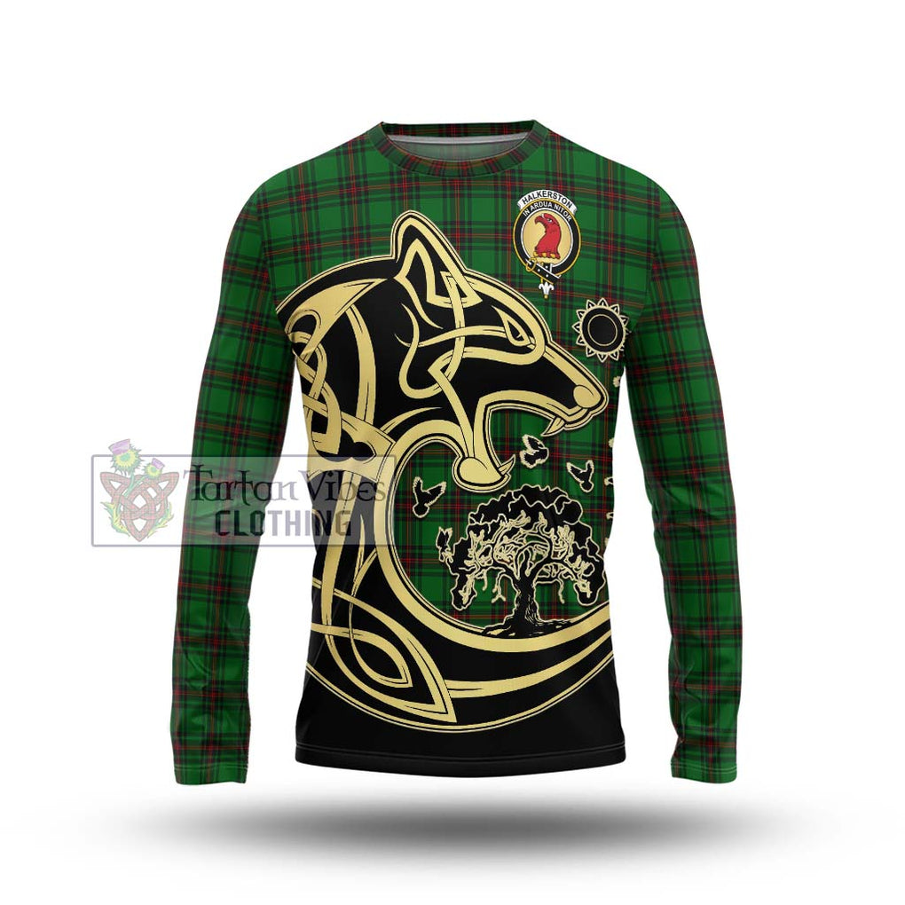 Halkerston Tartan Long Sleeve T-Shirt with Family Crest Celtic Wolf Style Unisex - Tartan Vibes Clothing