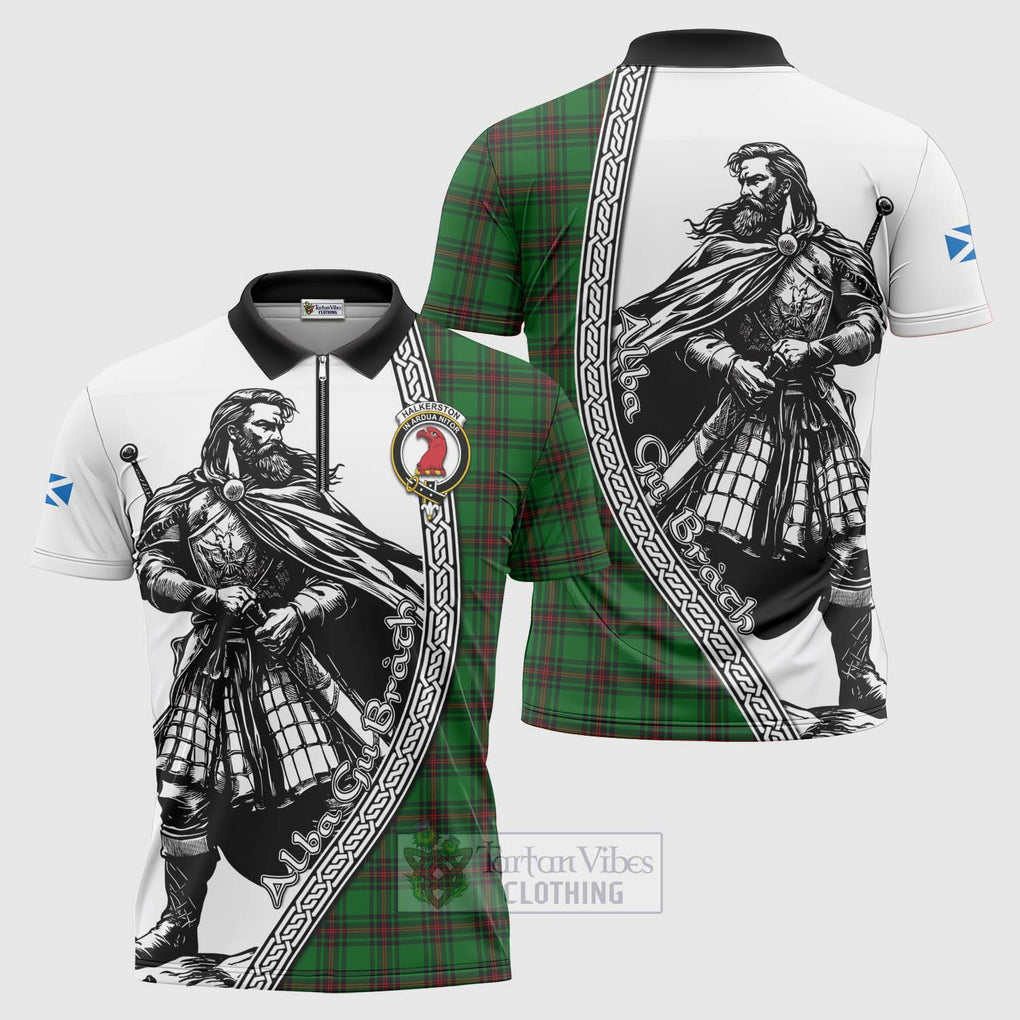 Halkerston Tartan Clan Crest Zipper Polo Shirt with Highlander Warrior Celtic Style Unisex - Tartan Vibes Clothing