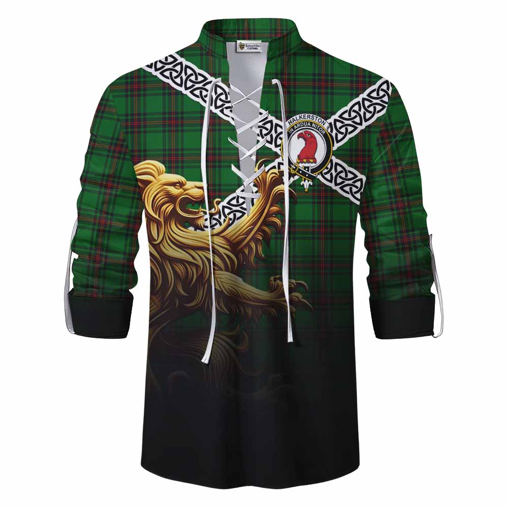 Halkerston Crest Tartan Ghillie Kilt Shirt with Golden Lion Emblem Celtic Style Men - Tartan Vibes Clothing