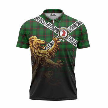 Halkerston Crest Tartan Zipper Polo Shirt with Golden Lion Emblem Celtic Style Unisex - Tartan Vibes Clothing