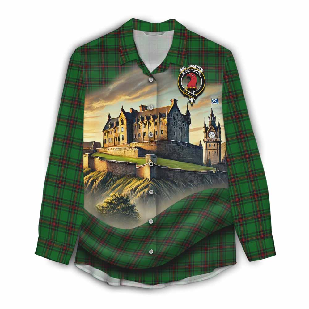 Halkerston Tartan Family Crest Women's Casual Shirt with Scottish Ancient Castle Style Female - Tartan Vibes Clothing