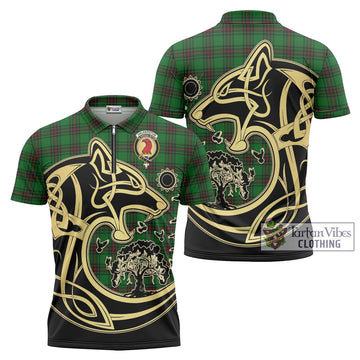 Halkerston Tartan Zipper Polo Shirt with Family Crest Celtic Wolf Style Unisex - Tartanvibesclothing Shop