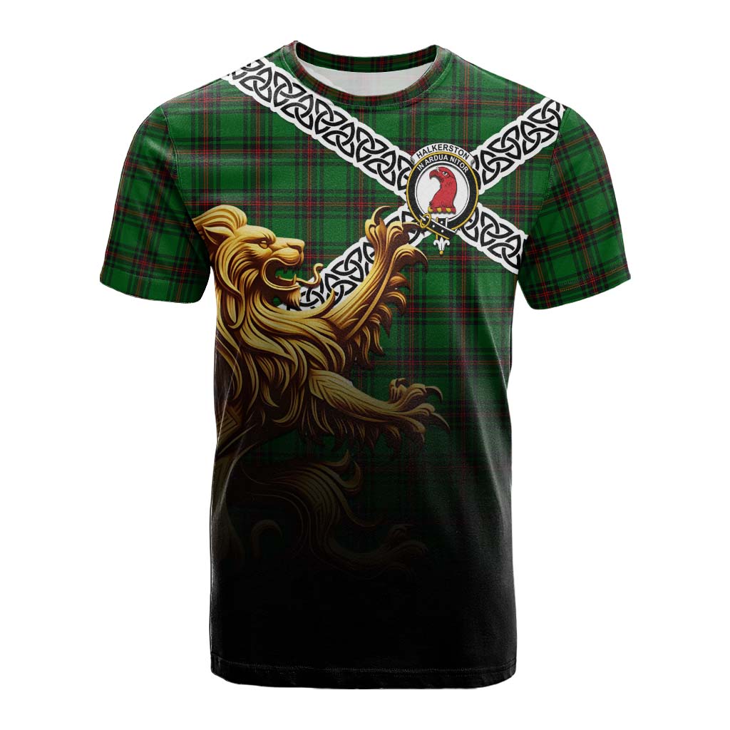 Halkerston Crest Tartan Cotton T-shirt with Golden Lion Emblem Celtic Style Kid's Shirt - Tartan Vibes Clothing