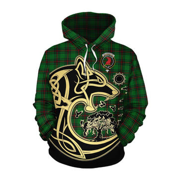 Halkerston Tartan Cotton Hoodie with Family Crest Celtic Wolf Style Pullover Hoodie XS - Tartan Vibes Clothing