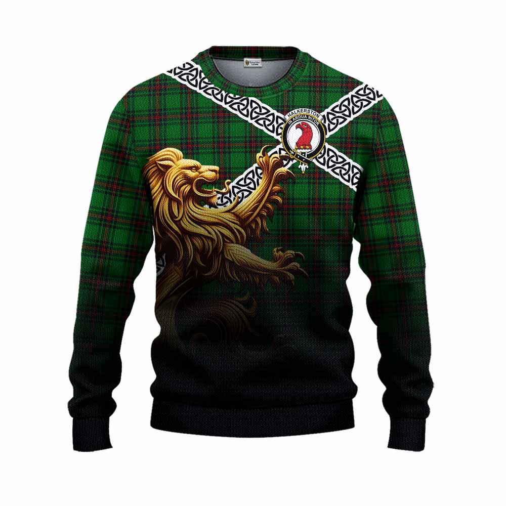 Halkerston Crest Tartan Knitted Sweater with Golden Lion Emblem Celtic Style Unisex - Tartan Vibes Clothing