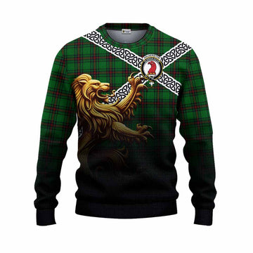 Halkerston Crest Tartan Knitted Sweater with Golden Lion Emblem Celtic Style Unisex - Tartan Vibes Clothing