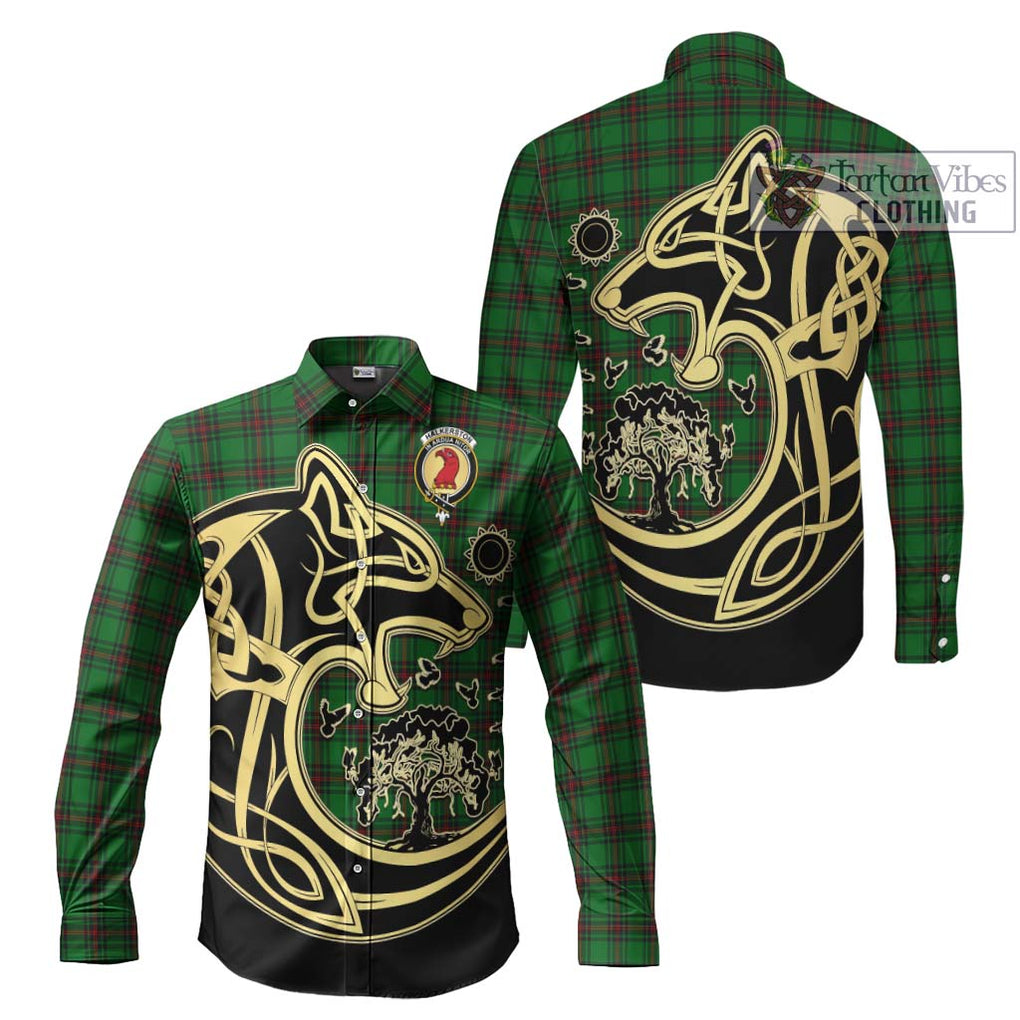 Halkerston Tartan Long Sleeve Button Shirt with Family Crest Celtic Wolf Style Men's Shirt S - Tartan Vibes Clothing