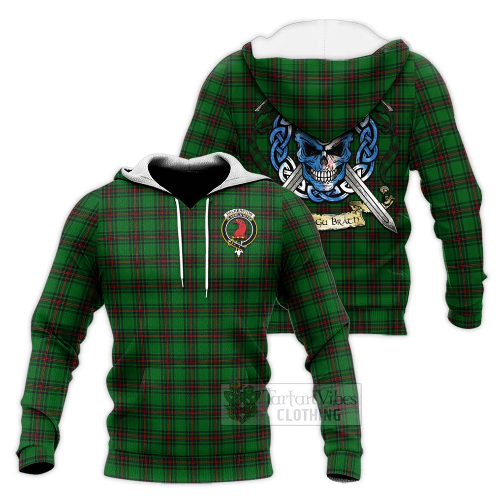 Halkerston Tartan Knitted Hoodie with Family Crest Celtic Skull Style Unisex Knitted Pullover Hoodie - Tartan Vibes Clothing