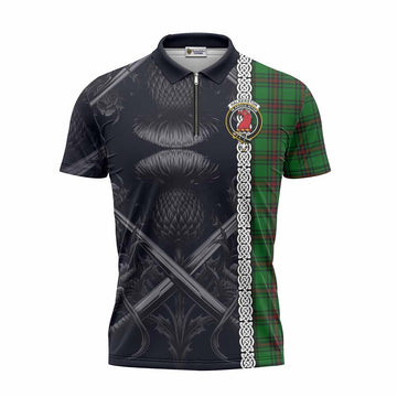 Tartan Vibes Clothing Halkerston Tartan Zipper Polo Shirt with Family Crest Cross Sword Thistle Celtic Vibes