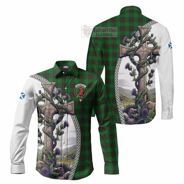Halkerston Tartan Long Sleeve Button Shirt with Family Crest and St. Andrew's Cross Accented by Thistle Vines Men's Shirt S - Tartan Vibes Clothing