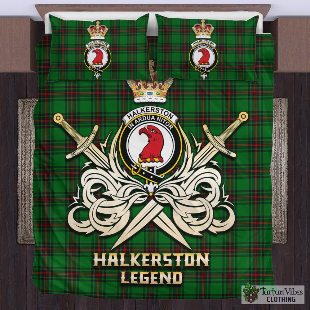 Tartan Vibes Clothing Halkerston Tartan Bedding Set with Clan Crest and the Golden Sword of Courageous Legacy