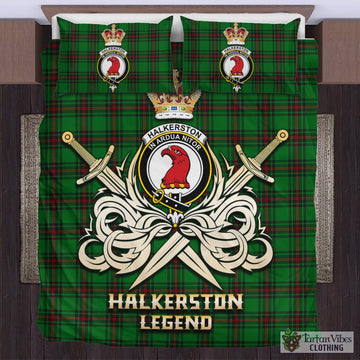 Tartan Vibes Clothing Halkerston Tartan Bedding Set with Clan Crest and the Golden Sword of Courageous Legacy