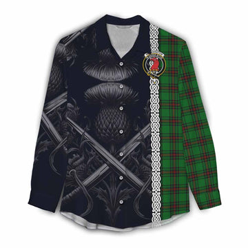 Halkerston Tartan Women's Casual Shirt with Family Crest Cross Sword Thistle Celtic Vibes Female - Tartan Vibes Clothing