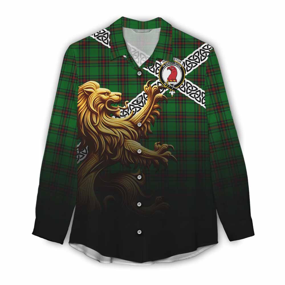 Halkerston Crest Tartan Women's Casual Shirt with Golden Lion Emblem Celtic Style Female - Tartan Vibes Clothing